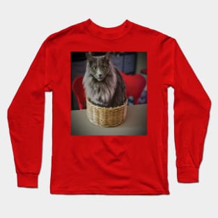 Grey green eyed cat in a basket Long Sleeve T-Shirt